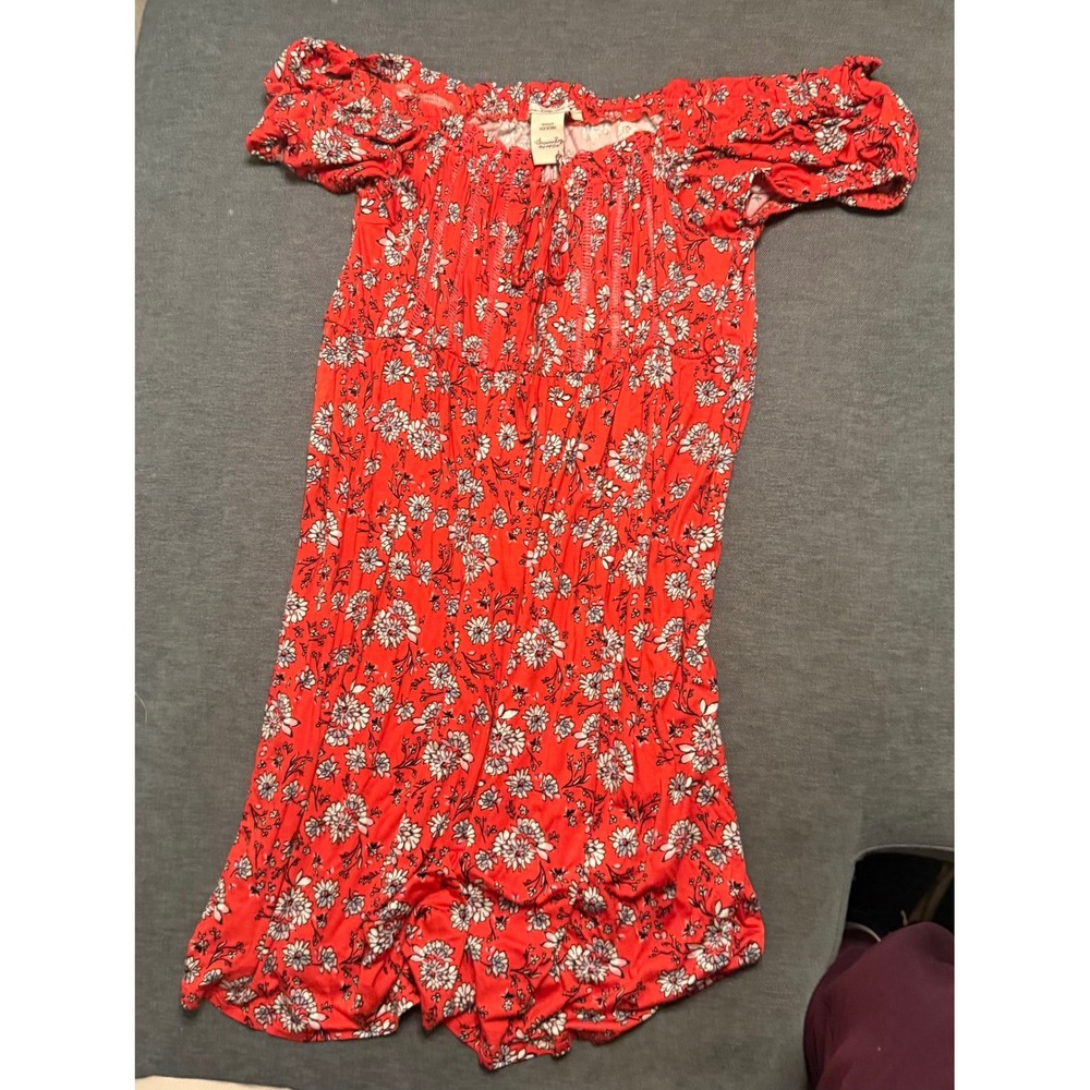 American Rag Cie Red Floral Off Shoulder Smocked Mini Dress Womens Large Boho